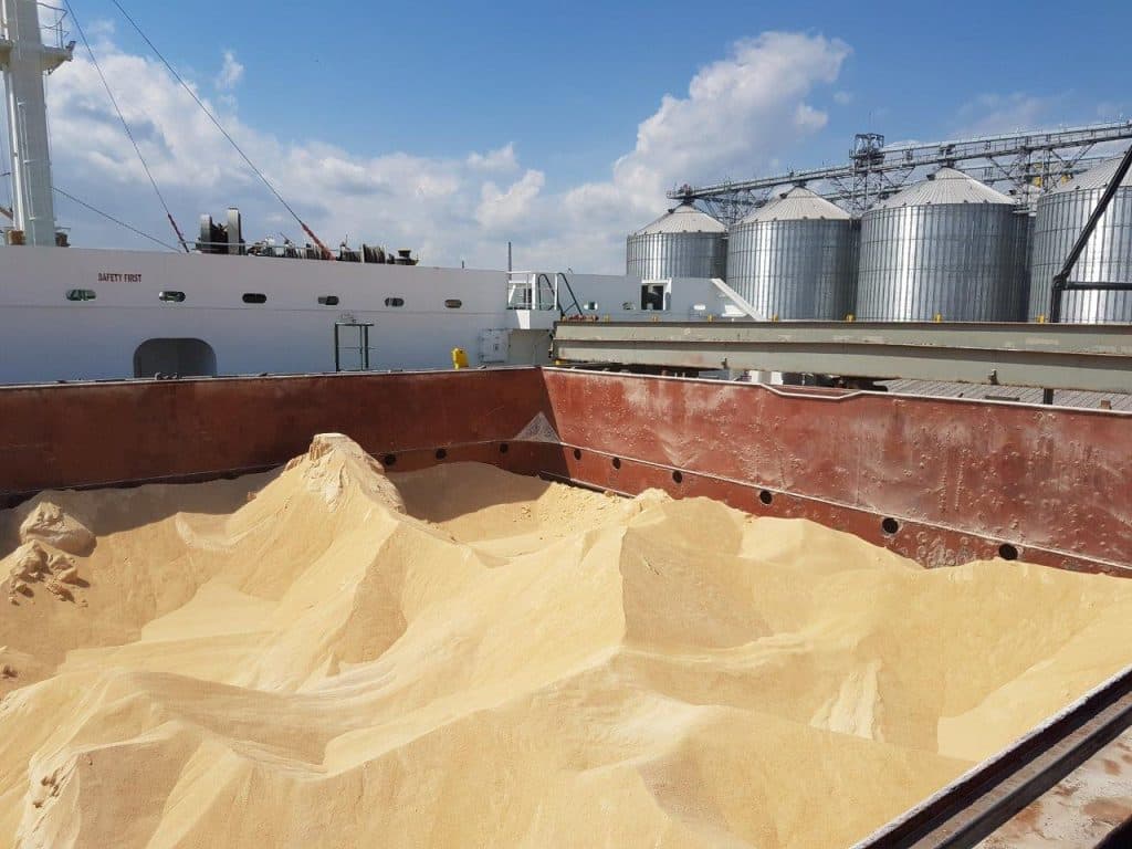 Bulk carrier cargo ship loading Brazilian agricultural commodities at Port of Santos
